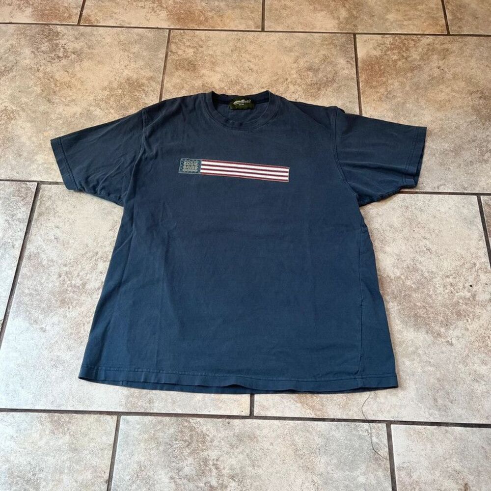 Vintage 90s Eddie Bauer Graphic T Shirt Faded Navy Flag Stripe Gorpcore size S